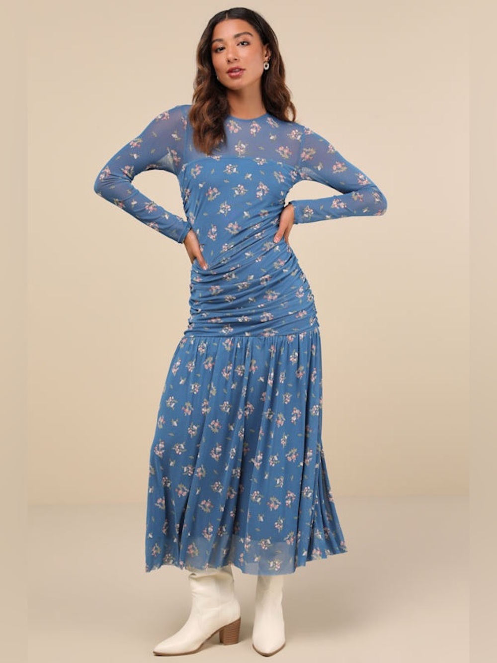 Lulu’s Easy Delight Blue Floral Drop Waist Maxi Dress M